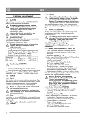 Page 9696
EESTIET
5 MASINA KASUTAMINE
5.1 ÜLDINFO
Ärge käivitage mootorit enne, kui  „MONTEERIMISE” 
peatükis toodud toimingud on teostatud. 
Ärge kasutage lumepuhurit enne, kui olete 
käesolevad juhised läbi lugenud ja neist aru 
saanud. Sama kehtib ka lumepuhuril ning 
käesolevates juhistes olevate hoiatus- ja 
juhiskleebiste kohta. 
Kasutuse, hoolduse ja tehnohoolduse ajal 
kasutage alati kaitseprille või visiiri.
5.2 ENNE KÄIVITAMIST
Mõned lumepuhurid tarnitakse ilma mootori karteri õlita. 
Sellisel juhul...