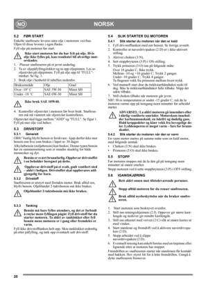 Page 2020
NORSKNO
5.2 FØR START
Enkelte snøfresere leveres uten olje i motorens veivhus. 
Oljen til disse leveres i egen flaske.
Fyll olje på motoren før start.
 Ikke start motoren før du har fylt på olje. Hvis 
olje ikke fylles på, kan resultatet bli alvorlige mot-
orskader.
1.   Plasser snøfreseren på et jevnt underlag.
2.  Ta av oljepåfyllingslokket og ta opp oljepinnen. Les av 
oljenivået på oljepinnen. Fyll på olje opp til “FULL”-
merket. Se fig. 1.
3.  Bruk olje i henhold til tabellen nedenfor.
 Ikke bruk...