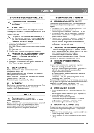 Page 6363
 РУССКИЙRU
6 ТЕХНИЧЕСКОЕ ОБСЛУЖИВАНИЕ
 Перед проведением технического 
обслуживания отсоедините кабель от свечи 
зажигания.
6.1ЗАМЕНА МАСЛА
Замените масло после первых 2 часов работы и затем 
заменяйте после каждых 25 часов работы или один раз в 
сезон. Замену масла следует производить, пока 
двигатель теплый.
Сразу после выключения двигателя масло в 
нем имеет очень высокую температуру. Перед 
тем, как слить масло, дайте двигателю остыть. 
Опасность получения ожогов.
1. Снимите крышку маслоналивной...