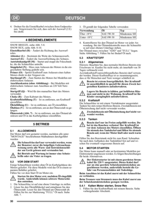 Page 630
DEUTSCHDE
4. Drehen Sie die Einstellkurbel zwischen ihren Endpositio-
nen. Vergewissern Sie sich, dass sich der Auswurf (2:E) 
frei dreht.
4 BEDIENELEMENTE
SNOW BREEZE, siehe Abb. 5-8.
SNOW REX, siehe Abb. 8-10.
Einstellkurbel (H) – Ändert die Richtung des Auswurf-
rohrs.
Ablenker (L) – Bestimmt die Weite des Schneeauswurfs.
Auswurf (E) – Ändert die Auswurfrichtung des Schnees.
Antriebshandgriff (M) – Startet und stoppt die Frässchnek-
ke, die die Schneefräse antreibt.
Stopphebel (N) – Muss zum...
