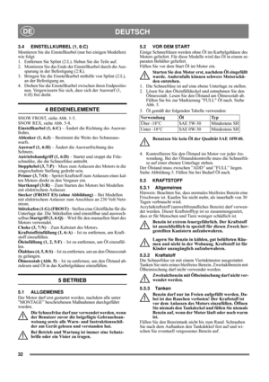 Page 3232
DEUTSCHDE
3.4 EINSTELLKURBEL (1, 6:C)
Montieren Sie die Einstellkurbel (nur bei einigen Modellen) 
wie folgt: 
1. Entfernen Sie Splint (2:L). Heben Sie die Teile auf.
2. Montieren Sie das Ende der Einstellkurbel durch die Aus-
sparung in der Befestigung (2:K).
3. Bringen Sie die Einstellkurbel mithilfe von Splint (2:L), 
an der Befestigung an.
4. Drehen Sie die Einstellkurbel zwischen ihren Endpositio-
nen. Vergewissern Sie sich, dass sich der Auswurf (1, 
6:H) frei dreht.
4 BEDIENELEMENTE
SNOW FROST,...