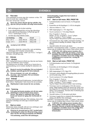 Page 88
SVENSKASE
5.2 Före start
Vissa snöslungor levereras utan olja i motorns vevhus. Till 
dessa levereras olja i separat flaska.
Före start, fyll på olja i motorn.
Starta inte motorn förrän olja har påfyllts. Om 
olja inte fylls på inträffar allvarliga motorskador.
1.  Ställ snöslungan på ett plant underlag.
2.  Lossa oljepåfyllningslocket och tag upp oljestickan. 
Avläs oljenivån på oljestickan. Fyll på olja upp till 
FULL-markeringen. Se fig. 5.
3.  Använd olja enligt tabellen nedan:
Använd ej SAE...