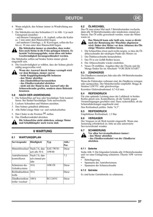 Page 3737
DEUTCHDE
4.  Wenn möglich, den Schnee immer in Windrichtung aus-
werfen.
5.  Die Stützkufen mit den Schrauben (11 in Abb. 1) je nach 
Untergrund einstellen: 
- auf ebenem Untergrund, z. B. Asphalt, sollen die Kufen 
ca. 3 mm unter dem Räumschild liegen.
- auf unebener Unterlage, z. B. Kieswegen, sollen die Ku-
fen ca. 30 mm unter dem Räumschild liegen.
Die Stützkufen immer so einstellen, dass weder 
Kies noch Steine in die Fräse gelangen können. Es 
besteht Verletzungsgefahr, wenn diese mit hoher...