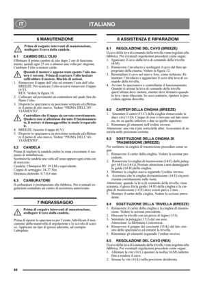 Page 4444
 ITALIANO IT
6 MANUTENZIONE
Prima di eseguire interventi di manutenzione, 
scollegare il cavo dalla candela.
6.1 CAMBIO DELL’OLIO
Effettuare il primo cambio di olio dopo 2 ore di funziona-
mento, quindi ogni 25 ore o almeno una volta per stagione. 
Cambiare l’olio a motore caldo.
Quando il motore è appena stato spento l’olio mo-
tore è rovente. Prima di scaricare l’olio lasciare 
raffreddare il motore. Rischio di ustioni.
1.  Rimuovere il tappo dell’olio ed estrarre l’asta dell’olio. 
BREEZE: Per...