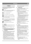 Page 2727
DEUTSCHDE
1 SYMBOLE
An der Maschine gibt es folgende Symbole, um den Bediener 
darauf hinzuweisen, dass bei der Benutzung der Maschine 
Vorsicht und Aufmerksamkeit geboten sind. 
Bedeutung der Symbole:
Warnung.
Lesen Sie die Gebrauchsanleitung vollständig durch, 
bevor Sie die Maschine in Betrieb nehmen.
Gefahr – rotierende Schneeschraube.
Gefahr – rotierendes Gebläse.
Nicht mit den Händen in den Auswurf greifen.
Hände und Füße von rotierenden Teilen fernhalten.
Andere Personen müssen sich im sicheren...