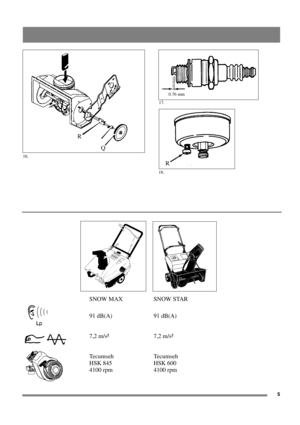 Page 55
R
Q
SNOW MAX SNOW STAR
91 dB(A) 91 dB(A)
7,2 m/s² 7,2 m/s²
Tecumseh Tecumseh
HSK 845 HSK 600
4100 rpm 4100 rpm
18.
17.0.76 mm
16.
R 