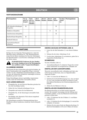 Page 1515
DEUTSCHDE
WARTUNGSDIAGRAMM
WARTUNG
Befolgen Sie die folgenden Wartungshinweise, damit die
Maschine immer einsatzbereit ist. Alle Wartungsinforma-
tionen für den Motor entnehmen Sie bitte den Anleitungen
des Motorherstellers. Lesen Sie diese Anleitungen, bevor Sie
den Motor starten.
WARNHINWEIS! Entfernen Sie das Zündka-
bel von der Zündkerze bevor Sie Wartungsarbe-
iten ausführen (außer Vergasereinstellungen).
ALLGEMEINE HINWEISE
Die Garantie für diese Schneefräse gilt nicht für Schäden, die
durch...