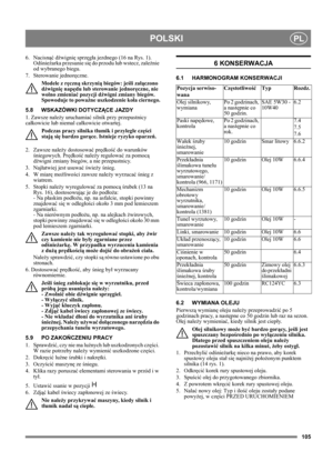 Page 105105
POLSKIPL
6. Nacisnąć dźwignię sprzęgła jezdnego (16 na Rys. 1). 
Odśnieżarka przesunie się do przodu lub wstecz, zależnie 
od wybranego biegu.
7. Sterowanie jednoręczne.
Modele z ręczną skrzynią biegów: jeśli załączono 
dźwignię napędu lub sterowanie jednoręczne, nie 
wolno zmieniać pozycji dźwigni zmiany biegów. 
Spowoduje to poważne uszkodzenie koła ciernego.
5.8 WSKAZÓWKI DOTYCZĄCE JAZDY
1. Zawsze należy uruchamiać silnik przy przepustnicy 
całkowicie lub niemal całkowicie otwartej. 
Podczas pracy...