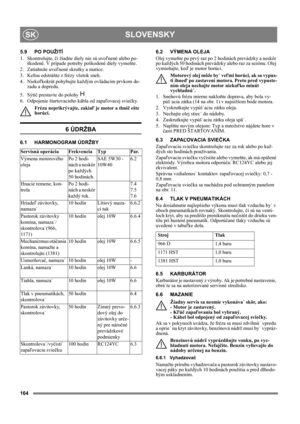 Page 164164
SLOVENSKYSK
5.9 PO POUŽITÍ
1. Skontrolujte, či žiadne diely nie sú uvoľnené alebo po-
škodené. V prípade potreby poškodené diely vymeňte.
2. Zatiahnite uvoľnené skrutky a matice.
3. Kefou odstráňte z frézy všetok sneh.
4. Niekoľkokrát pohybujte každým ovládacím prvkom do-
zadu a dopredu.
5. Sýtič prestavte do polohy  . 
6.  Odpojenie štartovacieho kábla od zapaľovacej sviečky.
Frézu neprikrývajte, zakiaľ je motor a tlmič ešte 
horúci.
6 ÚDRŽBA
6.1 HARMONOGRAM ÚDRŽBY6.2 VÝMENA OLEJA
Olej vymeňte po...