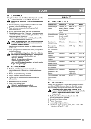Page 2323
SUOMIFIN
5.8 AJOVINKKEJÄ
1. Käytä moottoria aina täydellä tai lähes täydellä kaasulla.
Äänenvaimennin ja sen lähellä olevat osat 
kuumenevat moottorin käydessä. Palovammojen 
vaara. 
2.  Sovita ajonopeus vallitseviin lumiolosuhteisiin. Säädä 
nopeutta vaihteilla, älä kaasuvivulla.
3.  Paras tulos saavutetaan, jos lumi lingotaan heti 
lumisateen jälkeen.
4.  Mikäli mahdollista, linkoa lumi aina myötätuuleen.
5.  Säädä jalakset ruuveilla (13 kuvassa 1) alustan mukaan. 
- tasaisella alustalla, esim....