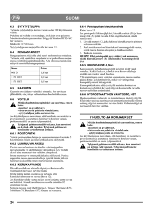 Page 2424
SUOMIFIN
6.3 SYTYTYSTULPPA
Tarkasta sytytystulppa kerran vuodessa tai 100 käyttötunnin 
välein.
Puhdista tai vaihda sytytystulppa, jos kärjet ovat palaneet. 
Moottorinvalmistajan suositus: Briggs & Stratton RC124YC 
tai vastaava.
Kärkiväli: 0,7-0,8 mm. 
Sytytystulppa on suojapellin alla kuvassa  11.
6.4 RENGASPAINEET
Rengaspaineen pitää olla yhtä suuri molemmissa renkaissa. 
Tarkasta, että venttiilien suojahatut ovat paikoillaan suojaa-
massa venttiilejä epäpuhtauksilta. Alla olevassa taulukossa...