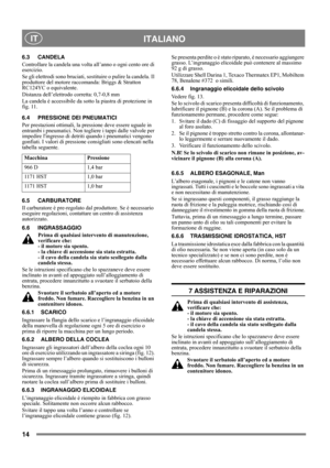 Page 1414
 ITALIANO IT
6.3 CANDELA
Controllare la candela una volta all’anno o ogni cento ore di 
esercizio.
Se gli elettrodi sono bruciati, sostituire o pulire la candela. Il 
produttore del motore raccomanda: Briggs & Stratton 
RC124YC o equivalente.
Distanza dell’elettrodo corretta: 0,7-0,8 mm 
La candela è accessibile da sotto la piastra di protezione in 
fig. 11.
6.4 PRESSIONE DEI PNEUMATICI
Per prestazioni ottimali, la pressione deve essere uguale in 
entrambi i pneumatici. Non togliere i tappi dalle...