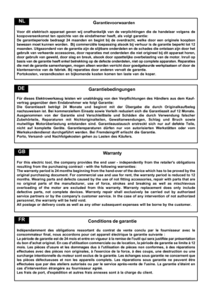 Page 49  Garantievoorwaarden
Voor dit elektrisch apparaat geven wij onafhankelijk van de verplichtingen die de handelaar volgens de
koopovereenkomst ten opzichte van de eindafnemer heeft, als volgt garantie:
De garantieperiode bedraagt 24 maanden en begint bij de overdracht, welke door een originele koopbon
bewezen moet kunnen worden.  Bij commerciële toepassing alsook bij verhuur is de garantie beperkt tot 12
maanden. Uitgezonderd van de garantie zijn de slijtbare onderdelen en de schades die ontstaan zijn...