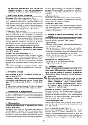 Page 42
IT-3
da  elettricisti  specializzati e  solo con pezzi di
ricambio  originali;  in  caso  contrario possono
verificarsi incidenti ai danni dell’utilizzatore.
5. Prima della messa in marcia
Montaggio dello schermo protettivo 
(fig. 2)
Far scorrere lo schermo protettivo fornito in dotazione (3)
sopra alla barra portalama di sicurezza e quindi fissarlo al
corpo dell’attrezzo con 2 viti su ciascuno dei due lati nel
modo illustrato in figura 2. Lo schermo di sicurezza serve
a proteggere la mano dalle lame in...