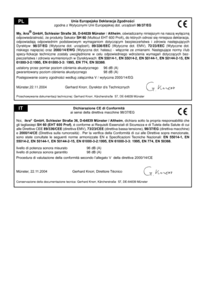 Page 53
                                            Dichiarazione CE di Conformità
ai sensi della direttiva macchine 98/37/EG
Noi,  ikra®  GmbH, Schlesier Straße 36, D-64839 Münster / Altheim, dichiara sotto la propria responsabilità che 
gli tagliasiepi  SH 60 (EHT 600 Prof), é conforme ai Requisiti Essenziali di Sicurezza e di Tutela della Salute di cui 
alle Direttive CEE 
89/336/CEE  (direttiva EMV), 73/23/CEE (direttiva bassa tensione), 98/37/EG (direttiva macchine) e 2000/14/CE  (Direttiva  sulla...