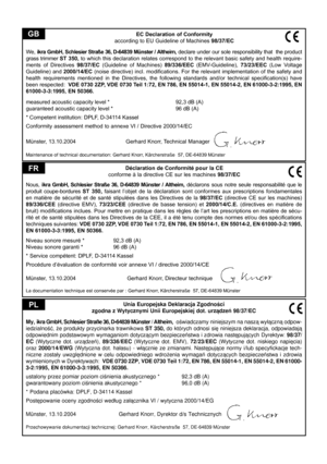 Page 48
EC Declaration of Conformity
according to EU Guideline of Machines 98/37/EC
We,  ikra GmbH, Schlesier Straße 36, D-64839 Münster / Altheim,  declare under our sole responsibility that  the product 
grass trimmer  ST 350, to which this declaration relates correspond to the relevant basic safety and health require
-
ments  of  Directives 98/37/EC  (Guideline  of  Machines) 89/336/EEC   (EMV-Guideline), 73/23/EEC  (Low  Voltage 
Guideline)  and 2000/14/EC   (noise  directive)  incl.  modiﬁcations.  For...