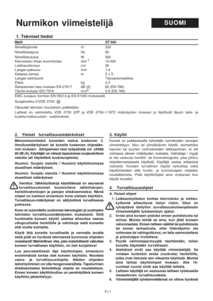 Page 15
FI-1
1. Tekniset tiedot
Malli ST 500
Nimellisjännite V~ 230
Nimellistaajuus Hz 50
Nimelliskulutus W 500
Kierrosluku ilman kuormitusta min-1
10.000
Leikkausleveys cm 30
Langan paksuus mm 1,4
Kelassa siimaa m 2 x 5
Langan esiintuonti Täysautomatiikka
Paino kg 2,3
Äänipaineen taso mukaan EN 27917 dB (A) 82 (EN 786)
Tärinä mukaan ISO 7916 m/s 2
0,6 (EN 786)
EMC-suojaus normien EN 55014 ja EN 61000 mukaisesti.
Suojaluokka II /VDE 0700
Oikeudet teknisiin muutoksiin pidätetään.
Laitteet on valmistettu  VDE...