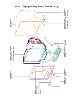 Page 155Display Bezel922-5077
Display / Analog Assembly661-2634, No rthe rn Hem.661 -2635 Southe rn Hem.
Power Button, W/Cable922-5075
AirPort Inner Door,922-5123
Speaker Grill922-5085
Speaker Assembly922-5081
Speaker Ring Kit, L&R   076-0951
Optical Door922-5080
Rear Housing922-5074
LHR, CRT922-5191
User Access Door922-5076  110V-USA922-5222  220V
eMac: Display/Analog, Bezel, Rear Housing 