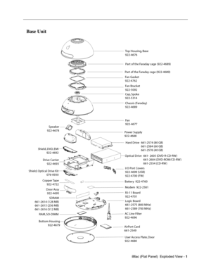 Page 156
  iMac (Flat Panel)  Exploded View - 1
 
Base Unit 
Top Housing, Base  
922-4676
Part of the Faraday cage (922-4689)
Fan Gasket 
922-4762 Fan Bracket 
922-5092
Cap, Spoke
922-5314
Chassis (Faraday)
922-4689
Fan
922-4677
Hard Drive 661-2574 (80 GB)
661-2584 (60 GB)
661-2576 (40 GB)
Optical Drive 661- 2605 (DVD-R-CD-RW ) 661-2604 (DVD-ROM/CD-RW )
661-2554 (CD-RW )
Power Supply
922-4688
Speaker
922-4678
 Shield, DVD, EMI 922-4692
Drive Carrier 922-4693
 Shield, Optical Drive Kit 076-0930 I/O Port Covers...