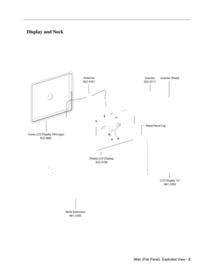 Page 157
661-2586
Display and Neck

922-4681 922-4761 
922-4704  661-2582 
922-4717 
661-2585 
Cover, LCD Display ( W/Logo) 
Antenna 
Shield, LCD Display  LCD Display 15" 
Inverter 
Inverter Shield 
Metal Neck Cap 
Neck Extension 
iMac (Flat Panel)  Exploded View - 2
 