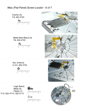 Page 164iMac (Flat Panel) Screw Locator - 6 of 7
Inverter (3)
T-8 , 922-4723
Metal Neck Biscut (3)
T-8 , 922-4723
Nut, Antenna
5 mm , 922-4724
Logic Board,
Metal (3)
Plastic (1)
T-15 , 922-4715 / 922-5113  