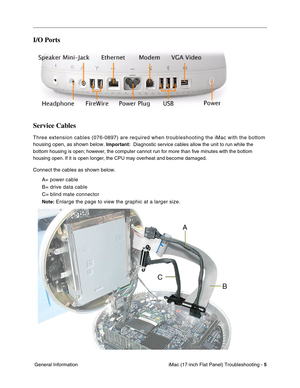 Page 107iMac (17-inch Flat Panel) Troubleshooting - 5
 General Information
I/O Ports
Service Cables
Three extension cables (076-0897) are required when troubleshooting the iMac with the bottom 
housing open, as shown below. 
Important:  Diagnostic service cables allow the unit to run while the 
bottom housing is open; however, the computer cannot run for more than ﬁve minutes with the bottom 
housing open. If it is open longer, the CPU may overheat and become damaged.
Connect the cables as shown below. 
A= power...