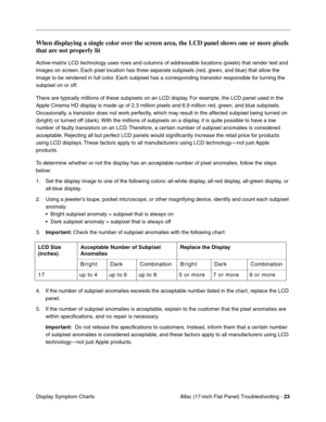 Page 125iMac (17-inch Flat Panel) Troubleshooting - 23
Display Symptom Charts
When displaying a single color over the screen area, the LCD panel shows one or more pixels  
that are not properly lit
Active-matrix LCD technology uses rows and columns of addressable locations (pixels) that render text and  
images on screen. Each pixel location has three separate subpixels (red, green, and blue) that allow the 
image to be rendered in full color. Each subpixel has a corresponding transistor responsible for turning...