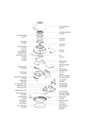 Page 155Top Housing, Base  
922-4676
Cap, Vent, Upper Base
922-5090
Cover, Top, Faraday
922-5315
Fan Gasket
922-4762
Fan Bracket
922-5092Cap, Spoke
922-5314Chassis (Faraday)
922-5310
Antenna
922-5301
Fan
922-4677
Speaker
922-4678Power Supply
922-5302
Hard Drive (80 GB)
661-2717
Optical Drive
(DVD-R/CD-RW )
661-2718
Shield, DVD, EMI
922-4692
Drive Carrier
922-5308
Optical Drive Shield Kit
076-0930
Copper Tape
922-4722
User Access Door
922-4680
Bottom Housing
922-5312
Door Assembly
922-4695
Antenna Extension...