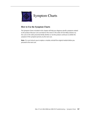 Page 127
iMac (17-inch (Mid 2006/Late 2006 CD) Troubleshooting — Symptom Charts 12
Symptom Charts
How to Use the Symptom Charts
The Symptom Charts included in this chapter will help you diagnose specific symptoms related 
to the product. Because cures are listed on the charts in the order of most likely solution, try 
the cures in the order presented. Verify whether or not the product continues to exhibit the 
symptom. If the symptom persists, try the next cure. 
Note:  If a cure instructs you to replace a...