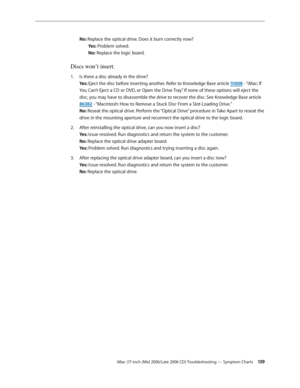 Page 139
iMac (17-inch (Mid 2006/Late 2006 CD) Troubleshooting — Symptom Charts 13
No: Replace the optical drive. Does it burn correctly now? 
 Yes: Problem solved. 
 No: Replace the logic board.
Discs won’t insert.
Is there a disc already in the drive? 
Yes: Eject the disc before inserting another. Refer to Knowledge Base article 100 - “iMac: If 
You Can’t Eject a CD or DVD, or Open the Drive Tray”. If none of these options will eject the 
disc, you may have to disassemble the drive to recover...