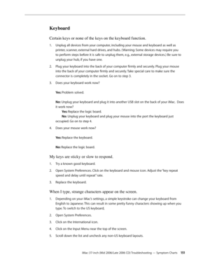 Page 151
iMac (17-inch (Mid 2006/Late 2006 CD) Troubleshooting — Symptom Charts 1 1
Keyboard
Certain keys or none of the keys on the keyboard function.
Unplug all devices from your computer, including your mouse and keyboard as well as 
printer, scanner, external hard drives, and hubs. ( Warning: Some devices may require you 
to perform steps before it is safe to unplug them, e.g., external storage devices.) Be sure to 
unplug your hub, if you have one.
Plug your keyboard into the back of your computer...