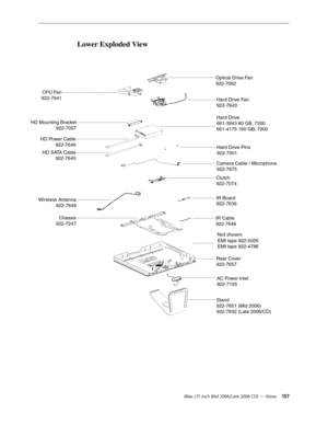 Page 157
iMac (17-inch Mid 2006/Late 2006 CD) — Views 1
Lower Exploded View
Stand
922-7651 (Mid 2006)
922-7832 (Late 2006/CD)
AC Power Inlet
922-7155
Rear Cover
922-7657
Chassis
922-7247
Hard Drive Fan
922-7643
HD Mounting Bracket
922-7057
IR Board
922-7639Wireless Antenna
922-7649
Clutch
922-7074
Hard Drive
661-3943 80 GB, 7200
661-4175 160 GB, 7200
Camera Cable / Microphone
922-7675
HD Power Cable
922-7646
HD SATA Cable
922-7645
Optical Drive Fan
922-7062
CPU Fan
922-7641
IR Cable
922-7648 
EMI tape...