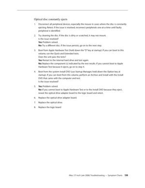 Page 158iMac (17-inch Late 2006) Troubleshooting — Symptom Charts 15 8
Optical disc constantly ejects
Disconnect all peripheral devices, especially the mouse in cases where the disc is constantly 
1.  
ejecting. Retest. If the issue is resolved, reconnect peripherals one-at-a-time until faulty 
peripheral is identified.
Try cleaning the disc. If the disc is dirty or scratched, it may not mount.  
2.  
Is the issue resolved? 
Yes: Problem solved. 
No: Try a different disc. If the issue persists, go on to the next...