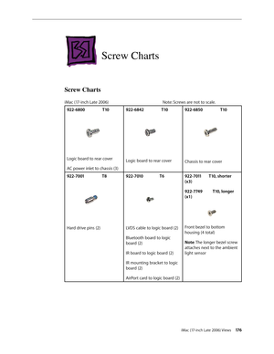 Page 176iMac (17-inch Late 2006) Views 17 6
Screw Charts
Screw Charts
iMac (17-inch Late 2006)                                                  Note: Screws are not to scale.
922-6800                 T10
 
Logic board to rear cover 
AC power inlet to chassis (3)922-6842                 T10
Logic board to rear cover
922-6850                 T10Chassis to rear cover
922-7001                 T8
Hard drive pins (2) 922-7010                T6LVDS cable to logic board (2)
Bluetooth board to logic 
board (2)
IR board...