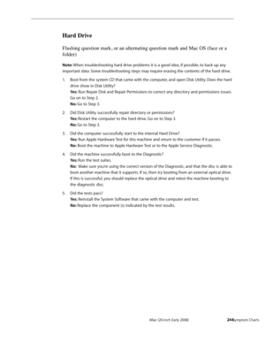 Page 244iMac (20-inch Early 2008)  — Symptom Charts  244
Hard Drive
Flashing question mark, or an alternating question mark and Mac OS (face or a 
folder)
Note: When troubleshooting hard drive problems it is a good idea, if possible, to back up any 
important data. Some troubleshooting steps may require erasing the contents of the hard drive.
Boot from the system CD that came with the computer, and open Disk Utility. Does the hard 
1. 
drive show in Disk Utility? 
Yes: Run Repair Disk and Repair Permissions to...