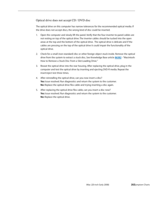 Page 252iMac (20-inch Early 2008)  — Symptom Charts  252
Optical drive does not accept CD / DVD disc
The optical drive on this computer has narrow tolerances for the recommended optical media. If 
the drive does not accept discs, the wrong kind of disc could be inserted.
Open the computer and slowly lift the panel. Verify that the four inverter-to-panel-cables are 
1. 
not resting on top of the optical drive. The inverter cables should be tucked into the open 
areas at the top and the bottom of the optical...