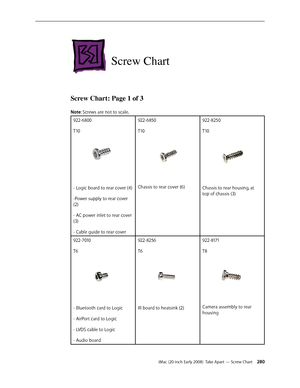 Page 280iMac (20-inch Early 2008)  Take Apart — Screw Chart 280
Screw Chart
Screw Chart: Page 1 of 3 
Note: Screws are not to scale.
922-6800
T10
- Logic board to rear cover (4)
-Power supply to rear cover 
(2)
- AC power inlet to rear cover 
(3)
- Cable guide to rear cover
922-6850
T10
Chassis to rear cover (6)
922-8250 
T10
Chassis to rear housing, at 
top of chassis (3)
922-7010 
T6
- Bluetooth card to Logic 
- AirPort card to Logic
- LVDS cable to Logic 
- Audio board
922-8256
T6
IR board to heatsink (2)...