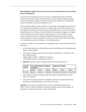 Page 164iMac (20-inch Late 2006) Troubleshooting — Symptom Charts 16 4
When displaying a single color over the screen area, the LCD panel shows one or more pixels 
that are not properly lit
Active-matrix LCD technology uses rows and columns of addressable locations (pixels) that 
render text and images on screen. Each pixel location has three separate subpixels (red, green, 
and blue) that allow the image to be rendered in full color. Each subpixel has a corresponding 
transistor responsible for turning the...