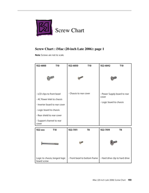 Page 190iMac (20-inch Late 2006) Screw Chart 190
Screw Chart
Screw Chart : iMac (20-inch Late 2006): page 1 
Note: Screws are not to scale.
922-6800                 T10
- LCD clips to front bezel
- AC Power Inlet to chassis
- Inverter board to rear cover
- Logic board to chassis
- Rear shield to rear cover
- Support channel to rear 
cover922-6850                 T10- Chassis to rear cover
922-6842                 T10- Power Supply board to rear 
cover
- Logic board to chassis
922-xxx               T10
Logic to...