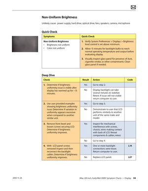 Page 44iMac (20-inch, Early/Mid 2009) Symptom Charts — Display 44 2010-11-24
Non-Uniform Brightness
Unlikely cause:  power supply, hard drive, optical drive, fans, speakers, camera, microphone
Quick Check
SymptomsQuick Check
Non-Uniform Brightness
•  Brightness not uniform 
•  Color not-uniform 1.
  Verify System Preferences > Displays > Brightness 
level control is set above minimum.
2.  Allow 15 minutes for backlight bulbs to reach 
normal operating temperature and output before 
evaluating display. 
3....