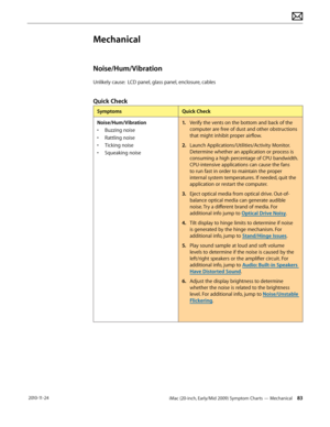 Page 83iMac (20-inch, Early/Mid 2009) Symptom Charts — Mechanical 83 2010-11-24
Mechanical
Noise/Hum/Vibration
Unlikely cause:  LCD panel, glass panel, enclosure, cables
Quick Check
SymptomsQuick Check
Noise/Hum/Vibration
•  Buzzing noise
•  Rattling noise
•  Ticking noise
•  Squeaking noise
1.  Verify the vents on the bottom and back of the 
computer are free of dust and other obstructions 
that might inhibit proper airflow. 
2.  Launch Applications/Utilities/Activity Monitor. 
Determine whether an application...