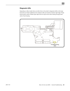 Page 23iMac (21.5-inch, Late 2009) — General Troubleshooting 232010-11-18
Diagnostic LEDs
Depending on iMac model, there are either three or four built-in diagnostic LEDs on the logic 
board that can help troubleshoot the computer. LEDs are located on bottom right edge of logic 
board (under a piece of black mylar tape) and can only be seen when looking through lower 
vents of rear housing.    
