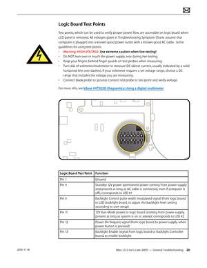 Page 26iMac (21.5-inch, Late 2009) — General Troubleshooting 262010-11-18
Logic Board Test Points
Test points, which can be used to verify proper power flow, are accessible on logic board when 
LCD panel is removed. All voltages given in Troubleshooting Symptom Charts assume that 
computer is plugged into a known-good power outlet with a known-good AC cable.  Some 
guidelines for using test points: 
• Warning: HIGH VOLTAGE:  Use extreme caution when live testing!
•  Do NOT lean over or touch the power supply...