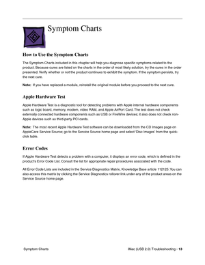 Page 158
iMac (USB 2.0) Troubleshooting - 13
 Symptom Charts
Symptom Charts
How to Use the Symptom Charts
The Symptom Charts included in this chapter will help you diagnose specific symptoms related to the 
product. Because cures are listed on the charts in the order of most likely solution, try the cures in the order 
presented. Verify whether or not the product continues to exhibit the symptom. If the symptom persists, try 
the next cure. 
Note:   If you have replaced a module, reinstall the original module...