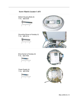 Page 192
iMac (USB 2.0) - 5
 
Screw Matrix Locator 1 of 8
Bottom Housing Bolts (4)
T-15,   922-5104
Grounding Screw to Faraday (1)
T-15,   922-4714
Drive Carrier to Faraday (4)
T-10,   922-4709 Power Supply (4)
T-10,   922-4709 