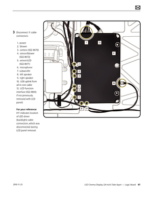 Page 61LED Cinema Display (24-inch) Take Apart — Logic Board 61 2010-11-25
3 Disconnect 11 cable 
connectors:
 
 1.  power
 2.  blower 
 3.  camera (922-8670) 
 4.  sensor/blower 
     (922-8672) 
 5.  sensor/LCD 
     (922-8671) 
 6.  microphone 
 7.  subwoofer 
 8.  left speaker 
 9.  right speaker 
10.  USB uplink from 
all-in-one cable 
12.  LCD function 
interface (922-8669; 
if not previously 
removed with LCD 
panel) 
 
For your reference:  
#11 indicates location 
of LED driver 
(backlight) cable...