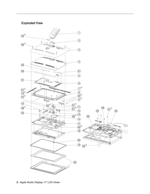 Page 15 
2 - 
 
Apple Studio Display 17 LCD Views
22




45x3
46x4
25
26
51
51x7
10x2
47x2
15
52
48x4
19
20
18
49x8
33x2
35
34
3651x4
34
17
14
13
12
11
32x2
9x2
8
7x2
6
5
27
4
3
2
1
48x3
51x251x250x4
Exploded View 