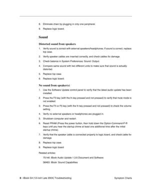 Page 170 
8 - 
 
iBook G4 (12-inch Late 2004) Troubleshooting
 Symptom Charts 8. Eliminate chain by plugging in only one peripheral.
9. Replace logic board.
 
Sound
 
Distorted sound from speakers
 
1. Verify sound is correct with external speakers/headphones. If sound is correct, replace 
top case.
2. Verify speaker cables are inserted correctly, and check cables for damage.
3. Check balance in System Preferences: Sound: Output.
4. Compare same sound with two different units to make sure that sound is actually...