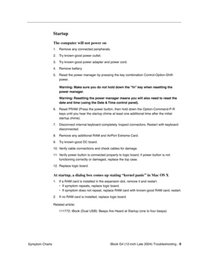 Page 171 
iBook G4 (12-inch Late 2004) Troubleshooting - 
 
9
 
 Symptom Charts
 
Startup
 
The computer will not power on
 
1. Remove any connected peripherals.
2. Try known-good power outlet.
3. Try known-good power adapter and power cord.
4. Remove battery.
5. Reset the power manager by pressing the key combination Control-Option-Shift-
power. 
 
Warning: Make sure you do not hold down the fn key when resetting the 
power manager.
Warning: Resetting the power manager means you will also need to reset the...