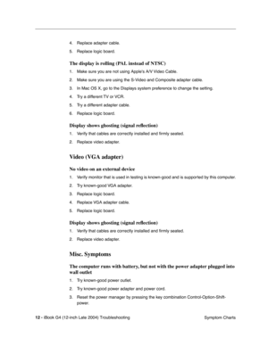 Page 174 
12 - 
 
iBook G4 (12-inch Late 2004) Troubleshooting
 Symptom Charts 4. Replace adapter cable.
5. Replace logic board. 
 
The display is rolling (PAL instead of NTSC)
 
1. Make sure you are not using Apples A/V Video Cable.
2. Make sure you are using the S-Video and Composite adapter cable.
3. In Mac OS X, go to the Displays system preference to change the setting.
4. Try a different TV or VCR.
5. Try a different adapter cable.
6. Replace logic board.
 
Display shows ghosting (signal reﬂection) 
 
1....